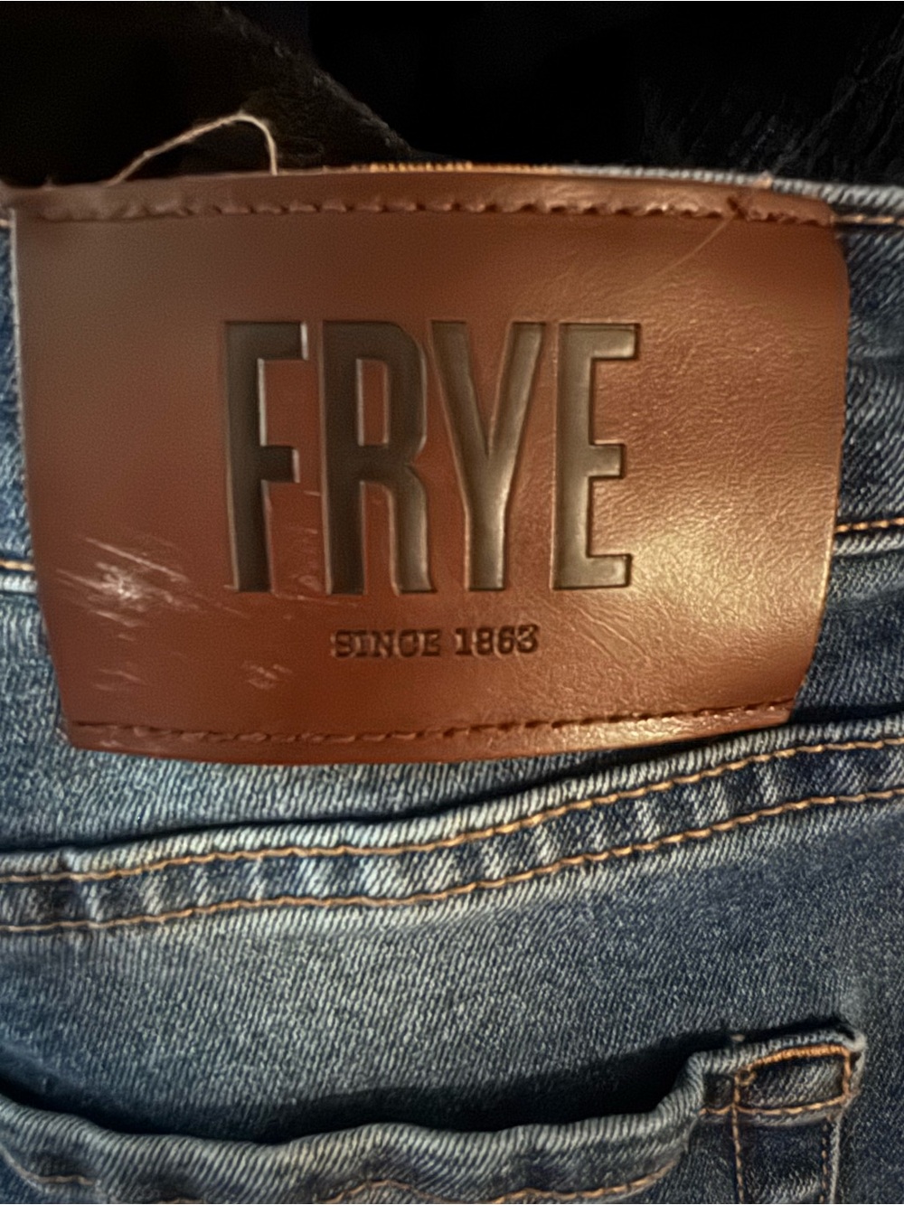 Frye Women’s Blue Straight-Leg Jeans with Brown Leather Patch